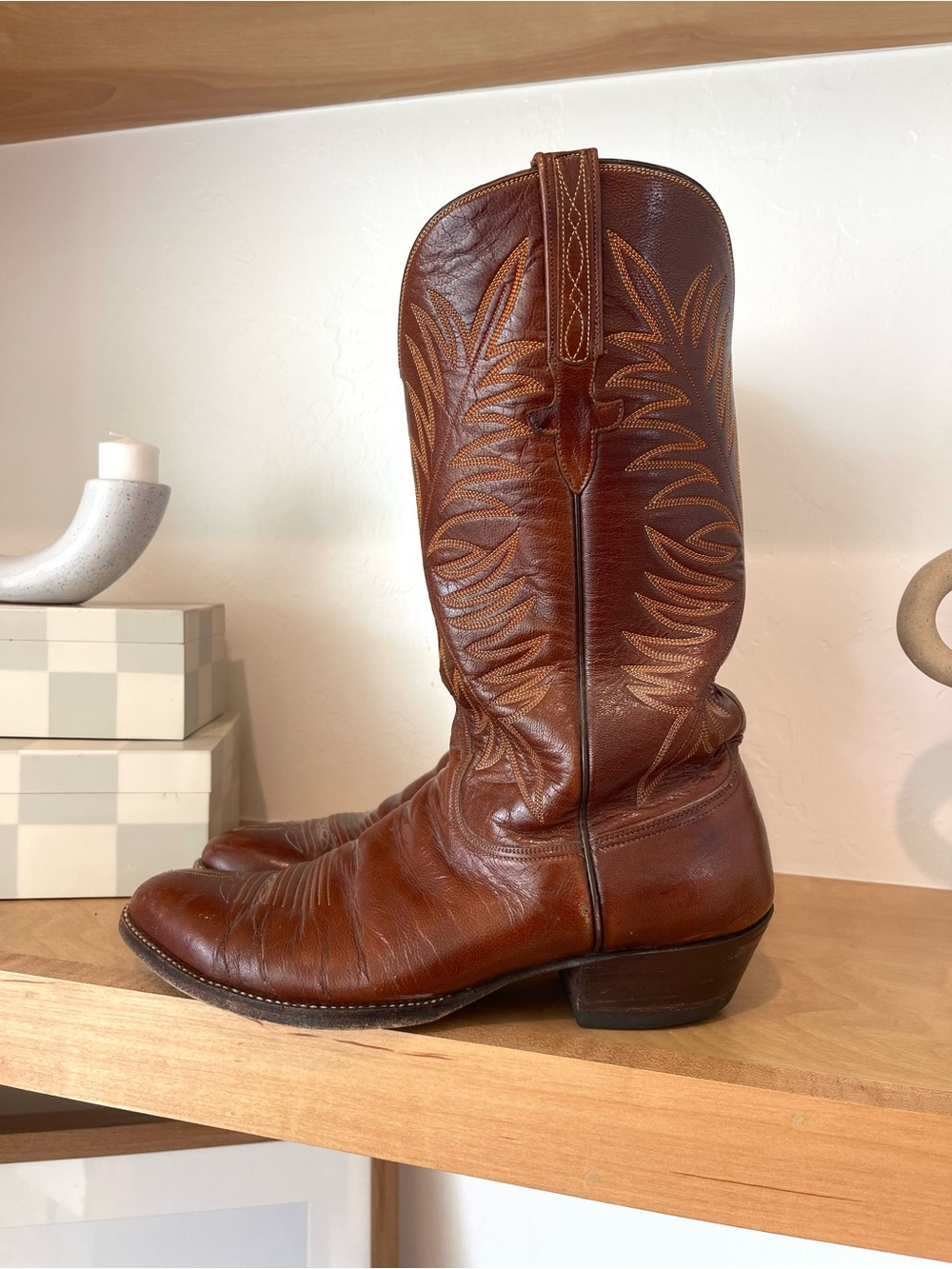 Vintage Lucchese San Antonio Brown Leather Stitched Embroidered Cowboy Boots